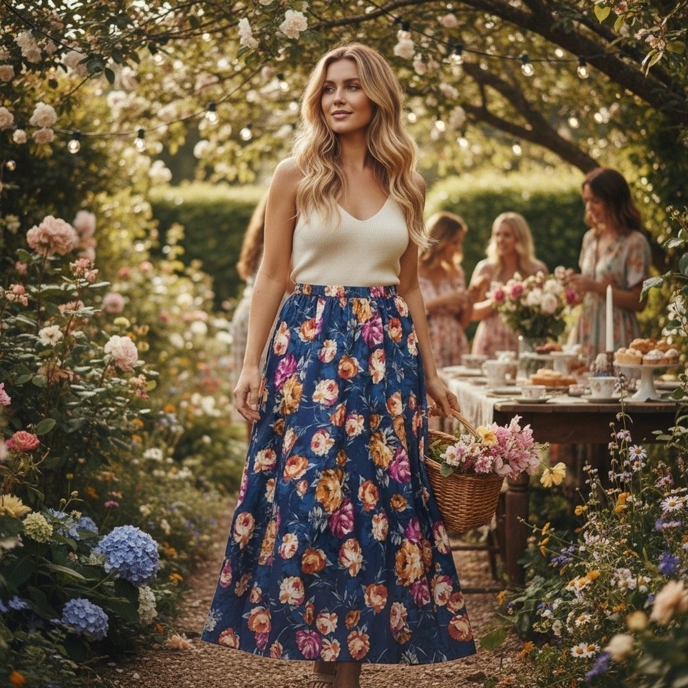 Mlle Gabrielle Maxi Skirt Womens Floral Satin Finish Blue Pink Orange 2X Long